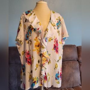 Bright floral ruffled pleated button front blouse, sz 26-28